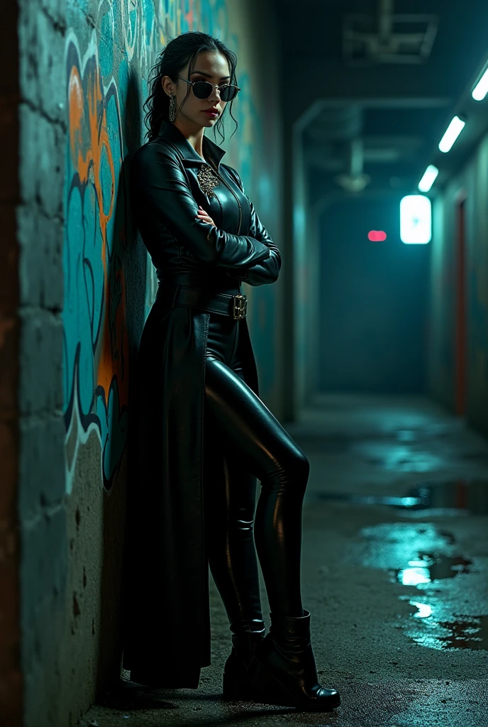 sinister woman in black shiny latex leggings, wearing a leather coat with a dragon emblem