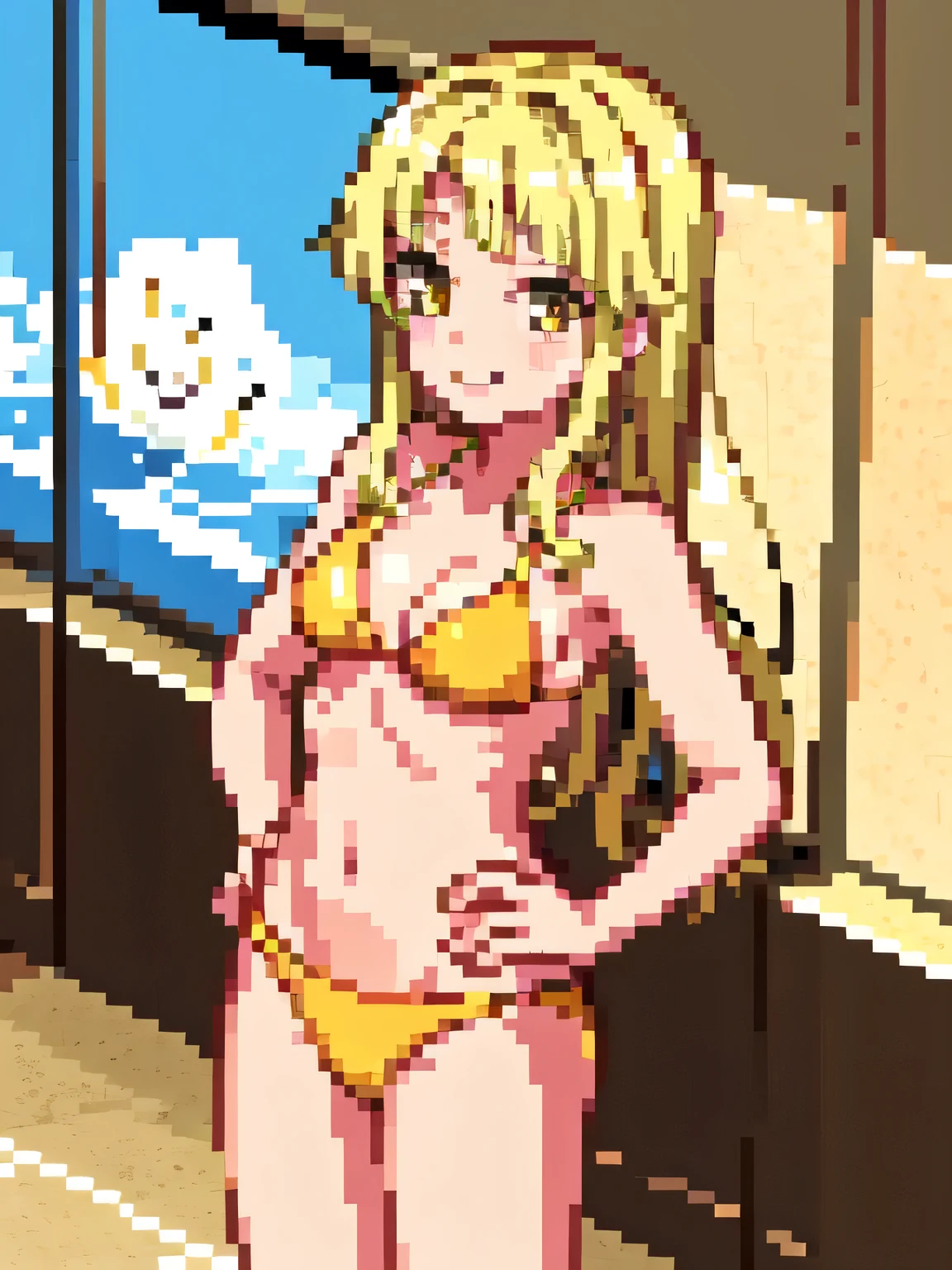 masterpiece, Highest quality, Kokoro Tsurumaki, ((Gold Bikini)), (High leg)、Upper Body, ,Hands on hips, Indoor Pool、View your viewers, smile, shy、Cowboy Shot