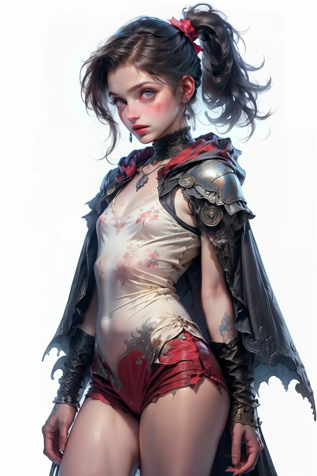 (((masterpiece, of the highest quality, super detailed))), hand drawn style, hand painted style, watercolour, sketch, a knight, white background, plain background, Bloodborne inspired, tatty Bloodborne attire, occult aesthetic, occult, tatty red and white clothing detailed and intricate steampunk and detailed gothic ta (with a hood), long coat, very thin long legs, Complex laced boots, Fluttering lace flared dress with frilly petticoats, petticoats gothic loliesthetic, beautiful small breasts, (((flat chest:1.1))), (((( Highly detailed face))), small thin nose, Small thin lips mouth, (((Very sharp focused eyes))), Very large slit precision pale grey eyes that shine like jewels. (resolved expression), (resolute expression), ((dark hair)), ((long ponytail, thick ponytail, heavy ponytail)), very long eyelashes, white background, Very dramatic and cinematic lighting, tatty damaged old red and white clothing, full body, whole body, body, cosmic horror, grim dark, NSFW