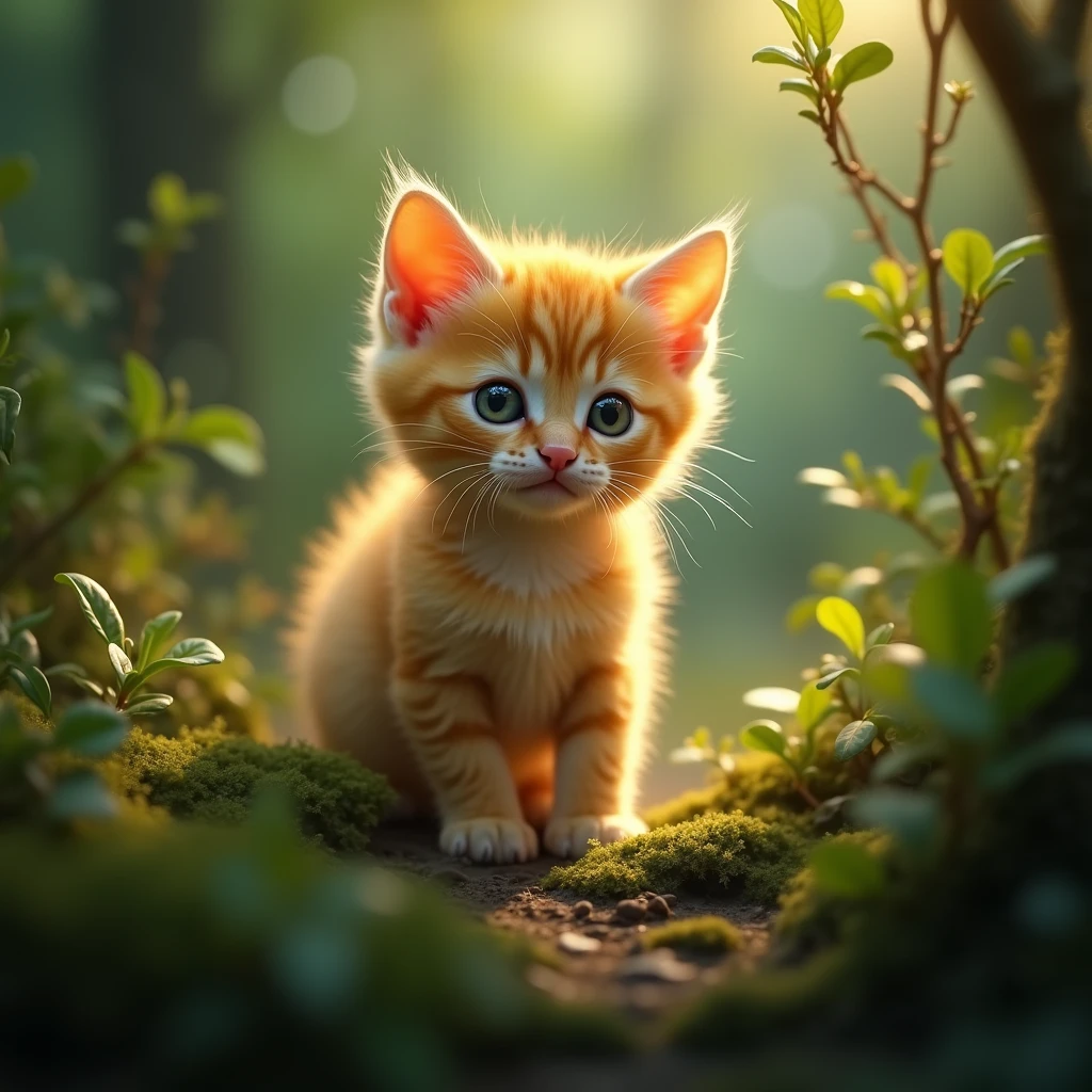 a newborn yellow kitten, 10cm tall, in a mythical forest, cute, hyper realistic, 8k, photorealistic, detailed feline features, detailed fur texture, detailed eyes, detailed paws, natural lighting, vibrant colors, lush greenery, magical atmosphere, fantasy setting