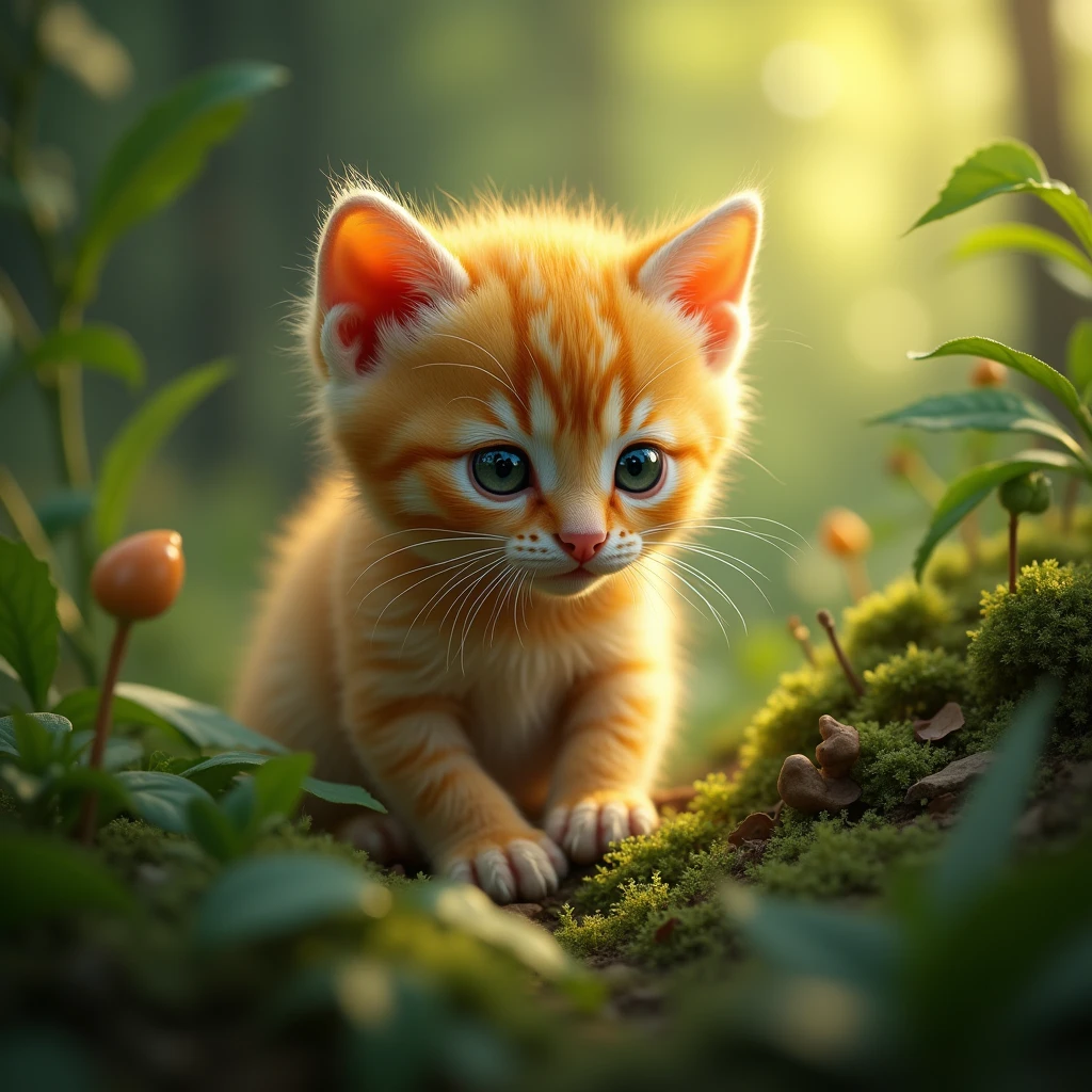 a newborn yellow kitten, 10cm tall, in a mythical forest, cute, hyper realistic, 8k, photorealistic, detailed feline features, detailed fur texture, detailed eyes, detailed paws, natural lighting, vibrant colors, lush greenery, magical atmosphere, fantasy setting