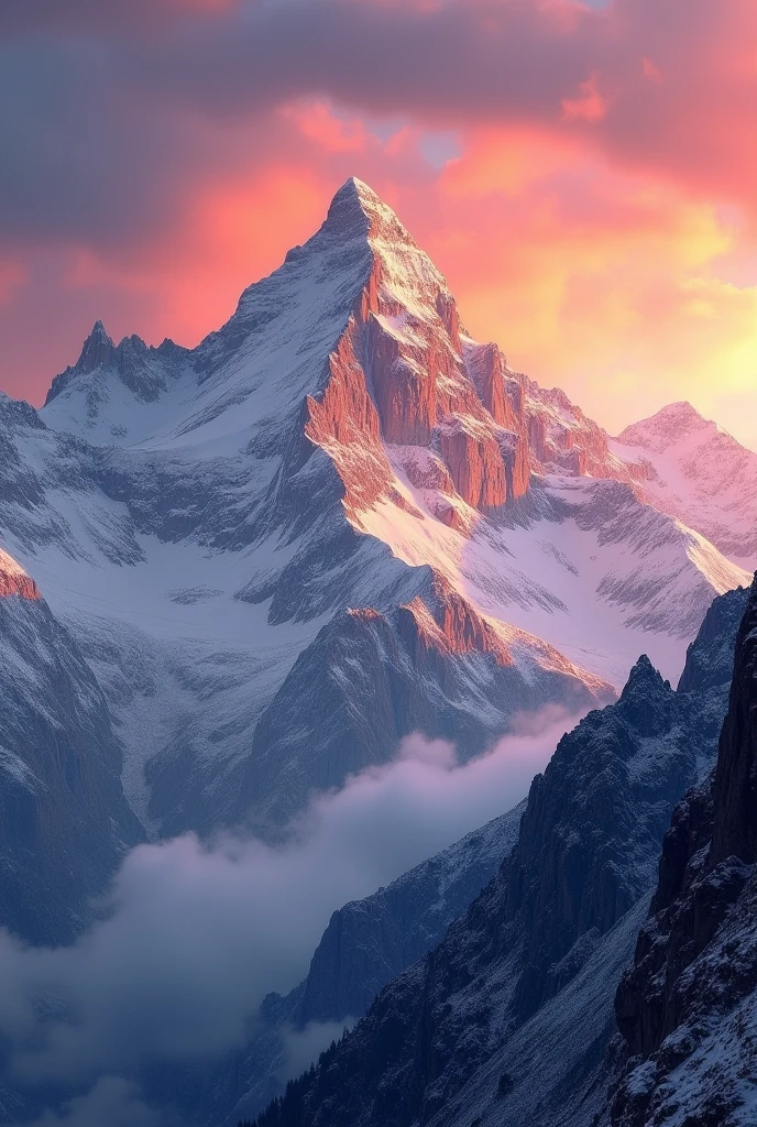(masterpiece:1.2, Highest quality, Ultra-high resolution, Very detailed, Realistic, RAW Photos:1.2, Elaborate photos), 8k, wallpaper, (Ray Tracing), Alpine landscape, (Majestic snow-capped mountains, Golden sunlight reflecting off the peaks, Warm glow across the horizon), A photo that captures the serene atmosphere of twilight with a mix of vibrant and soft colors in the sky, creating a harmonious balance between the rugged terrain and the delicate play of light.