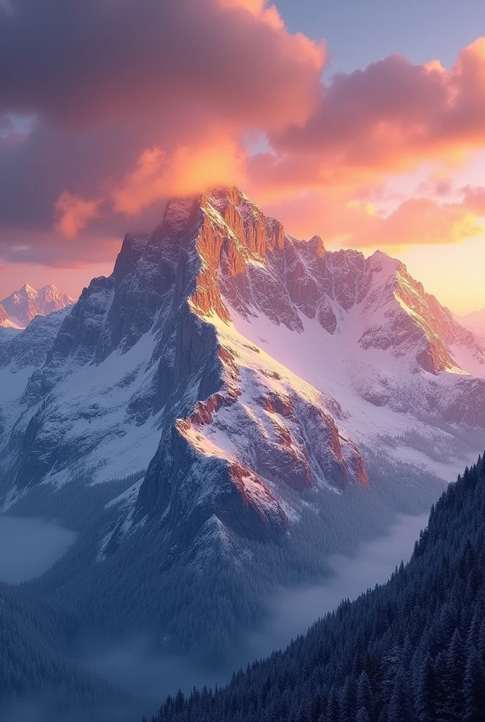 (masterpiece:1.2, Highest quality, Ultra-high resolution, Very detailed, Realistic, RAW Photos:1.2, Elaborate photos), 8k, wallpaper, (Ray Tracing), Alpine landscape, (Majestic snow-capped mountains, Golden sunlight reflecting off the peaks, Warm glow across the horizon), A photo that captures the serene atmosphere of twilight with a mix of vibrant and soft colors in the sky, creating a harmonious balance between the rugged terrain and the delicate play of light.