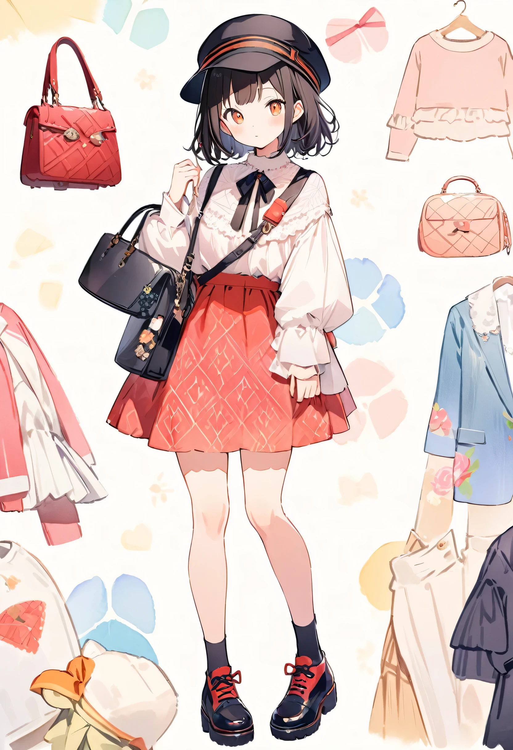 chibichara, cute girl, fullbody, watercolor, clear, cute illustration, beautiful detail, fain touch outline, best quality, top quality, ultra detailed, masterpiece, beautiful detail, (hat, bag, shoes, ribbon, skirt, blouse:1.3), (fashion items is pattern on background:1.8), cute illustration, cute girl, beautiful detail