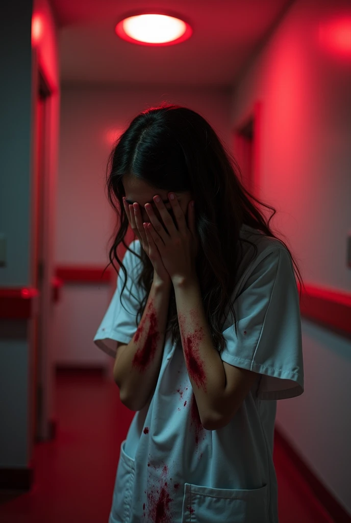 20 year old girl rape victim, hiding her face with both hand. She is in doctore dress. Red light coming on her body. Her hand and clothes is red with blood.
