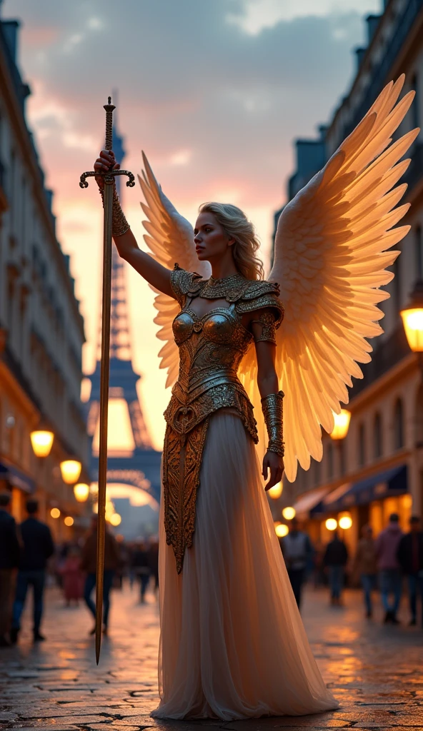 A beautiful angel standing in the modern city of Paris, whole body, Wearing ancient Roman armor and holding a sword