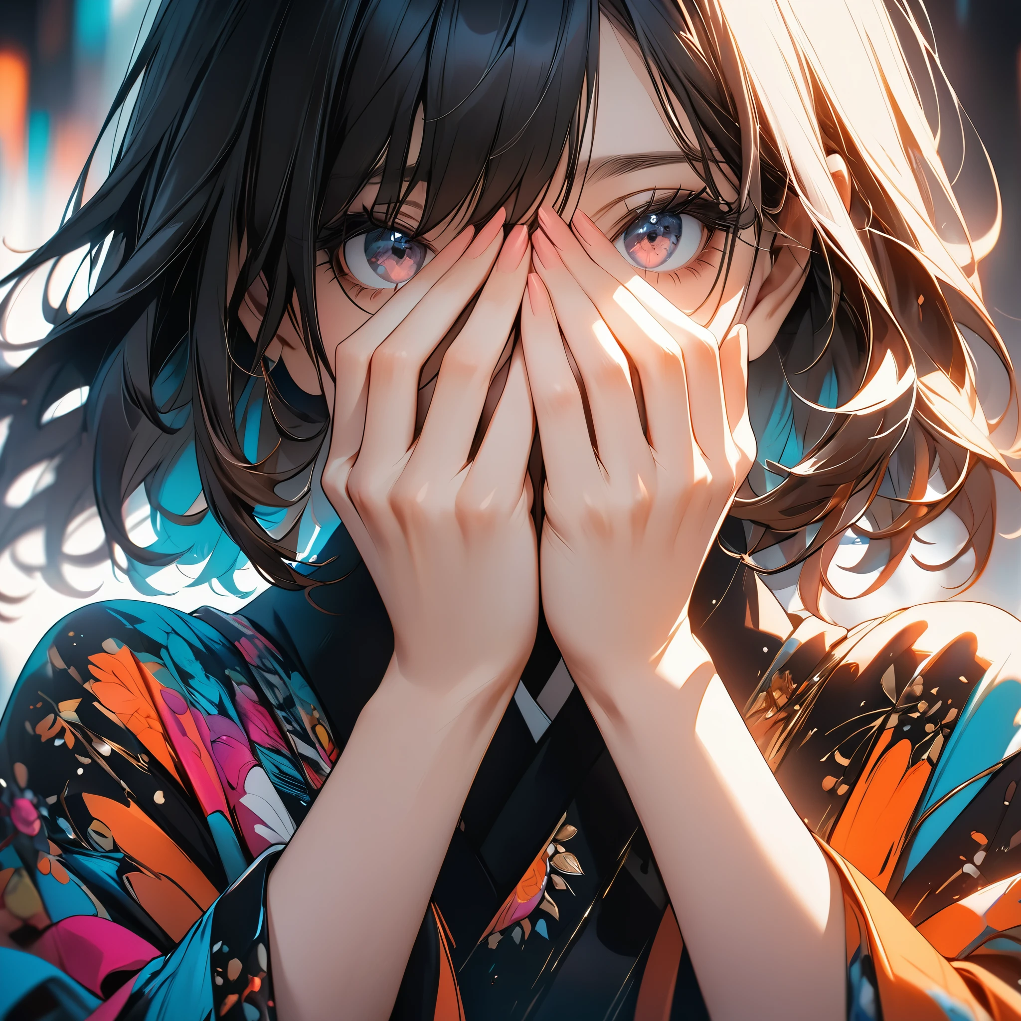 ((Hands close-up, A woman covering her face with both hands)), Beautiful fingers, Focus on hand:1.2,  Background blur, Unclear Background, (Highest quality:1.2, Very detailed, up to date, Vibrant, Ultra-high resolution, High Contrast, masterpiece:1.2, Highest quality, Best aesthetics),