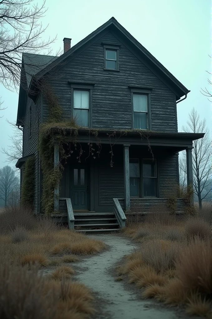 Fade in to a dark, abandoned house with broken windows and overgrown weeds.*
