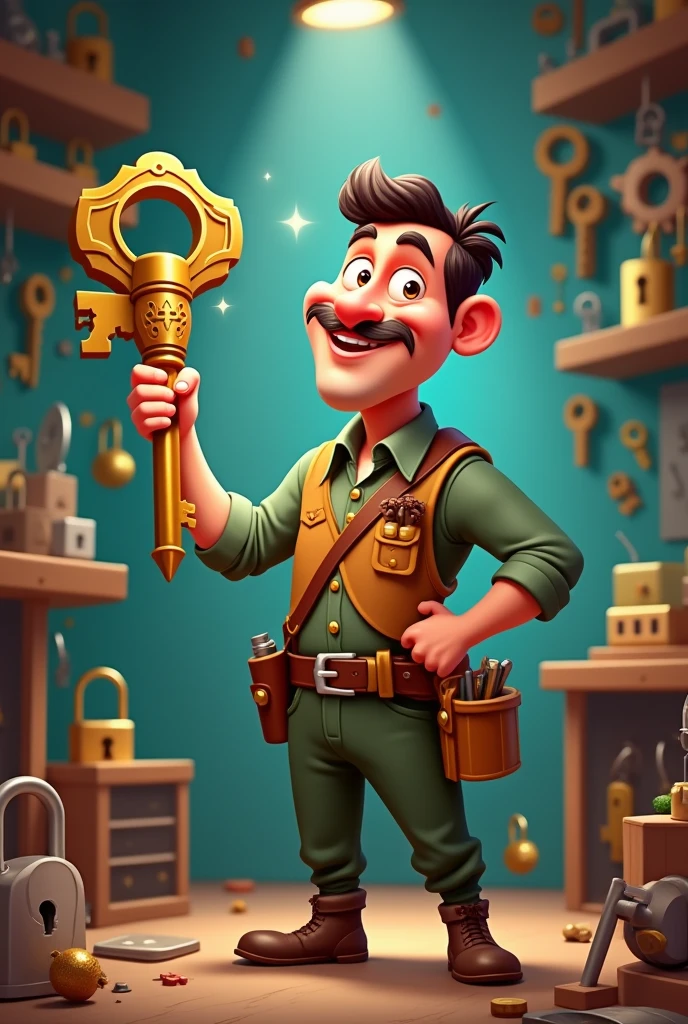 I'm a locksmith, I make keys and I wanted a caricature for the logo, being a godinho holding a big key.