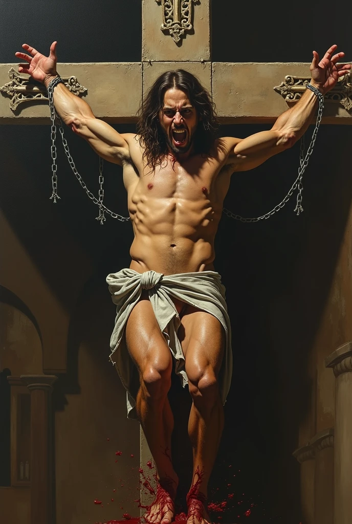Human chained in a cross, but only in torso and the hands and behing the cross; front view, face full of rage and looking to us with bright eyes; beautiful man; caravaggio oil painting; realism; mid lenght hair; background with a lot of detail; inferior half body destroyed with legs destroyed; and blood; show hands becomings into fangs, and arms downs; the cross in stone with some ornament