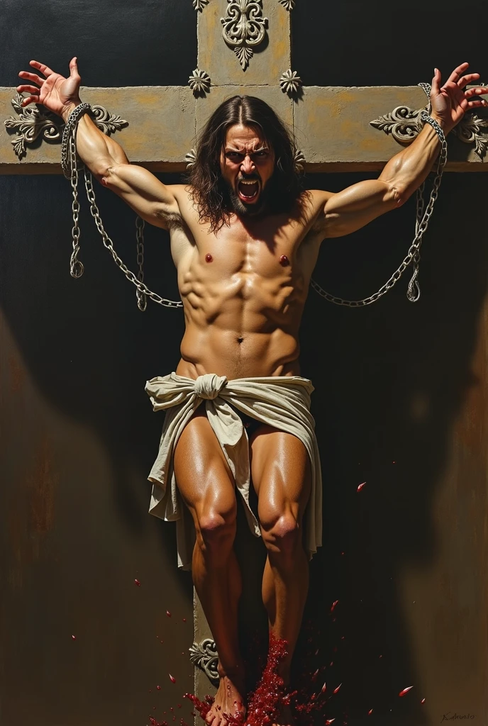 Human chained in a cross, but only in torso and the hands and behing the cross; front view, face full of rage and looking to us with bright eyes; beautiful man; caravaggio oil painting; realism; mid lenght hair; background with a lot of detail; inferior half body destroyed with legs destroyed; and blood; show hands becomings into fangs, and arms downs; the cross in stone with some ornament