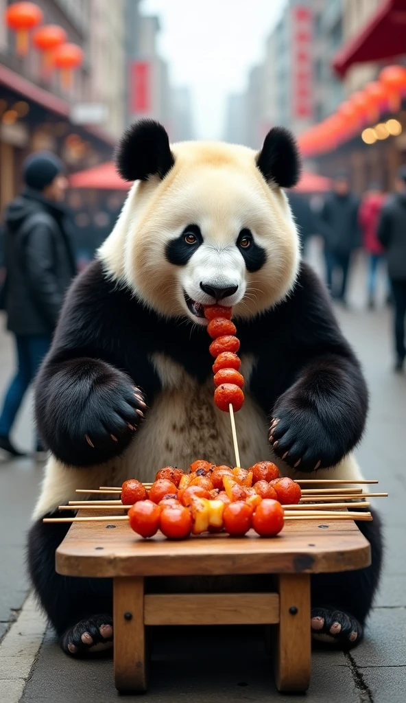 一只reality的大熊猫在路边摊吃烧烤串串，photography，reality，high quality，reality感，Realistic style，Fine details，real world