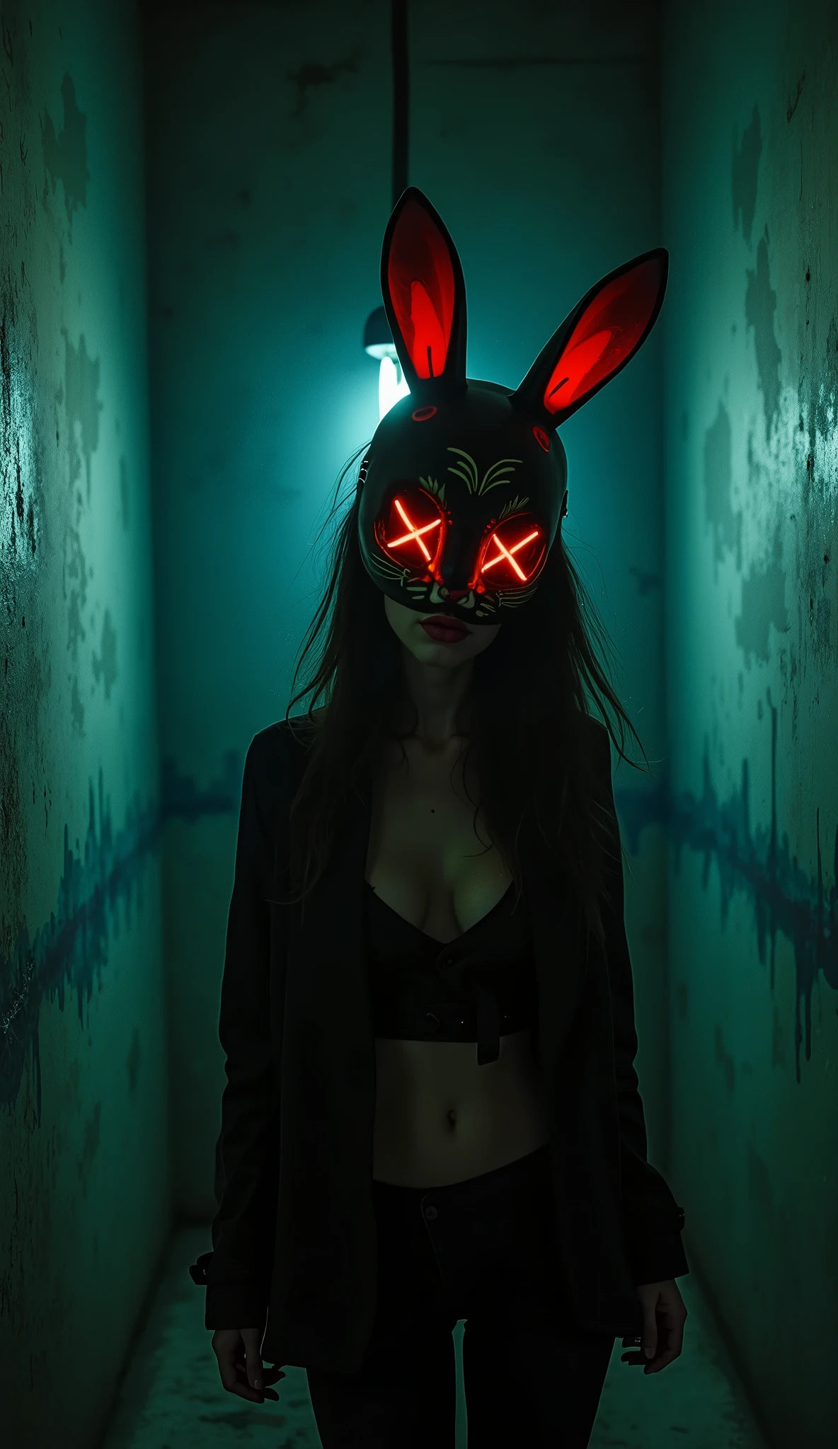a creepy dark grungy moody room,(1 female interrogator:1.2),extremely detailed eyes and face,beautiful detailed lips,longeyelashes,neon stitched sewed bunny mask hiding her identity ,standing looking at a noose in centre,horror atmosphere,(best quality,8k,highres,masterpiece:1.2),ultra-detailed,(realistic,photorealistic,photo-realistic:1.37),dramatic lighting,chiaroscuro lighting,moody dramatic lighting,haunting,unsettling,ominous,eerie,sinister