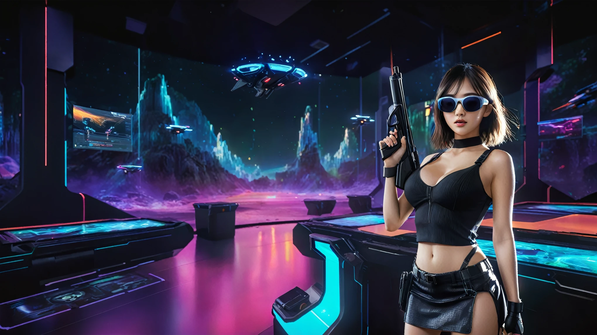 A futuristic sci-fi virtual battle field of war game, shooting range with moving targets, flying vehicle, neon waterfalls. High-resolution OLED GUI interfaces in the building, The windows are filled with transparent data visualization infographics that show it all, from weather patterns to traffic flow, Matrix cascading code. Colors are saturated and vibrant. At night, (1girl, solo), photo realistic, medium-breast:1.3 slim body, cleavage, sling top, miniskirt, (mini VR sunglasses, holding a short gun), half-body thigh level medium shot, cinematic lighting, ray tracing.