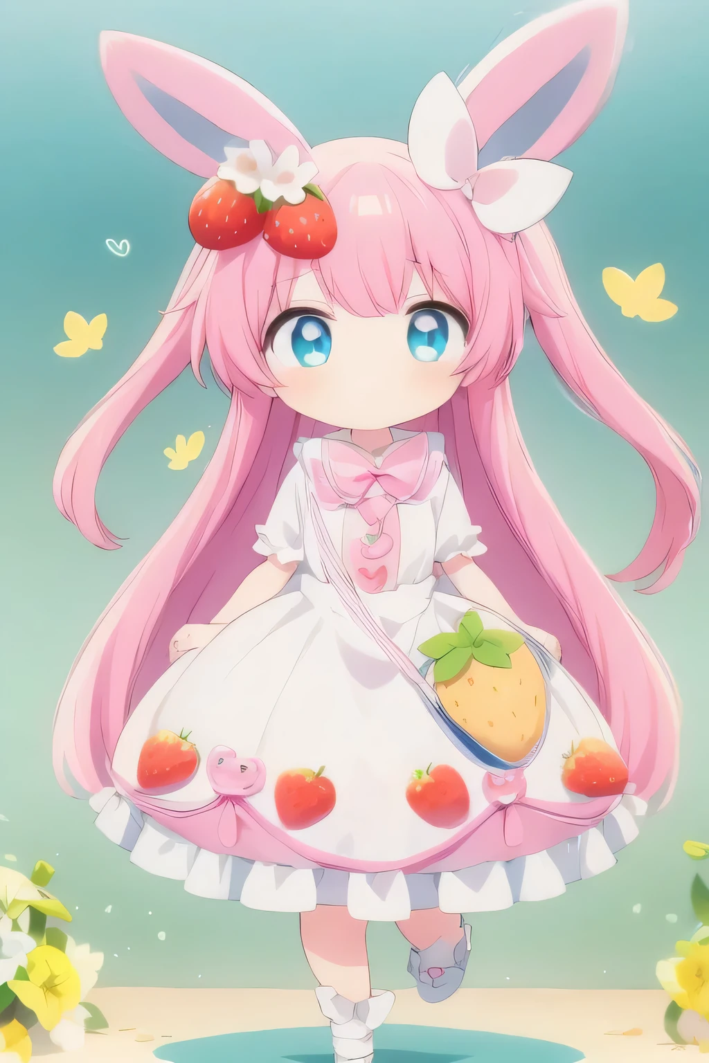 1girl,chibi,full body,green background,light blue eyes,with heat-shaped irises,rabbit ears,pink hair,long hair,enjoy,tareme,cute eyes,strawberry pattem,two side up hair
