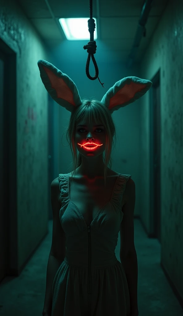 a creepy dark grungy moody room,(1 female interrogator:1.2),extremely detailed eyes and face,beautiful detailed lips,longeyelashes,neon stitched sewed bunny lips bunny costume hiding her identity ,standing looking at a noose in centre,horror atmosphere,(best quality,8k,highres,masterpiece:1.2),ultra-detailed,(realistic,photorealistic,photo-realistic:1.37),dramatic lighting,chiaroscuro lighting,moody dramatic lighting,haunting,unsettling,ominous,eerie,sinister