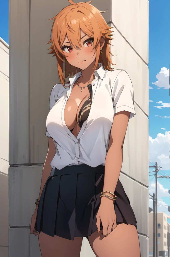 ((best quality)),((highly detailed)),masterpiece,absurdres,detailed face,beautiful face,(detailed eyes, deep eyes),1girl,  Tomo, , solo, stylish long blond wavy hair, red eyes, short skirt , sky, day, cloud, pleated skirt, leopard print panty, outdoors, shirt button up cleavage, looking at viewer, open clothes, standing, white shirt unbotten cleavage, Gyaru, Big breast, tanned skin, Glossy lips, a lot of earpierce, Necklace,Bracelet, Half eyes expression, Smirk, (((Tanned skin))),((Blond colored hair)),1girl,Solo,(Blond hair),Spouty mouth,Big hair,Heart shaped emotion,Seductive expression