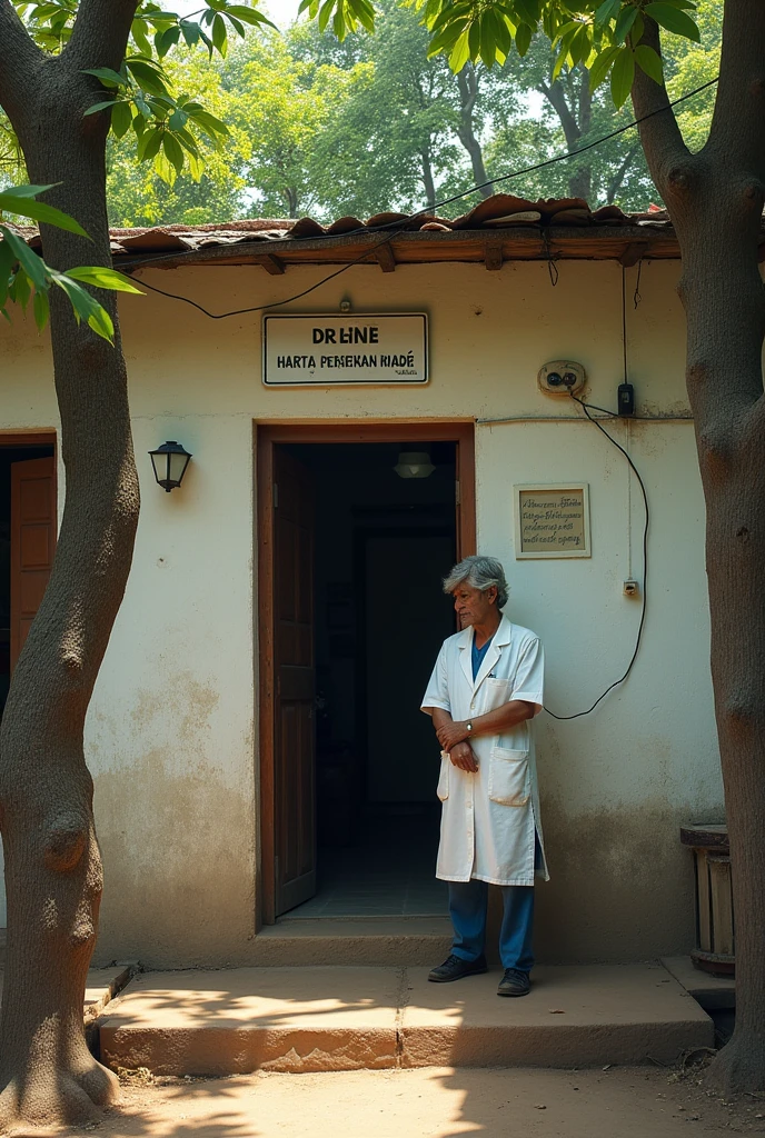 A serene and tranquil scene set in a small, secluded neighborhood within the bustling metropolis of Kolkata. In the foreground stands a modest clinic with whitewashed walls, aged and worn, yet exuding an air of calm and order. The atmosphere around the clinic is peaceful, with a few trees casting dappled shadows on the ground. Dr. Sen, a distinguished man with graying hair and a warm demeanor, is seen at the entrance, welcoming a patient with a gentle smile. The clinic, a beloved sanctuary for the sick and weary, radiates a sense of hope and care, reflecting the doctor’s lifelong dedication to medicine and his community.", "size": "1024x1792" }