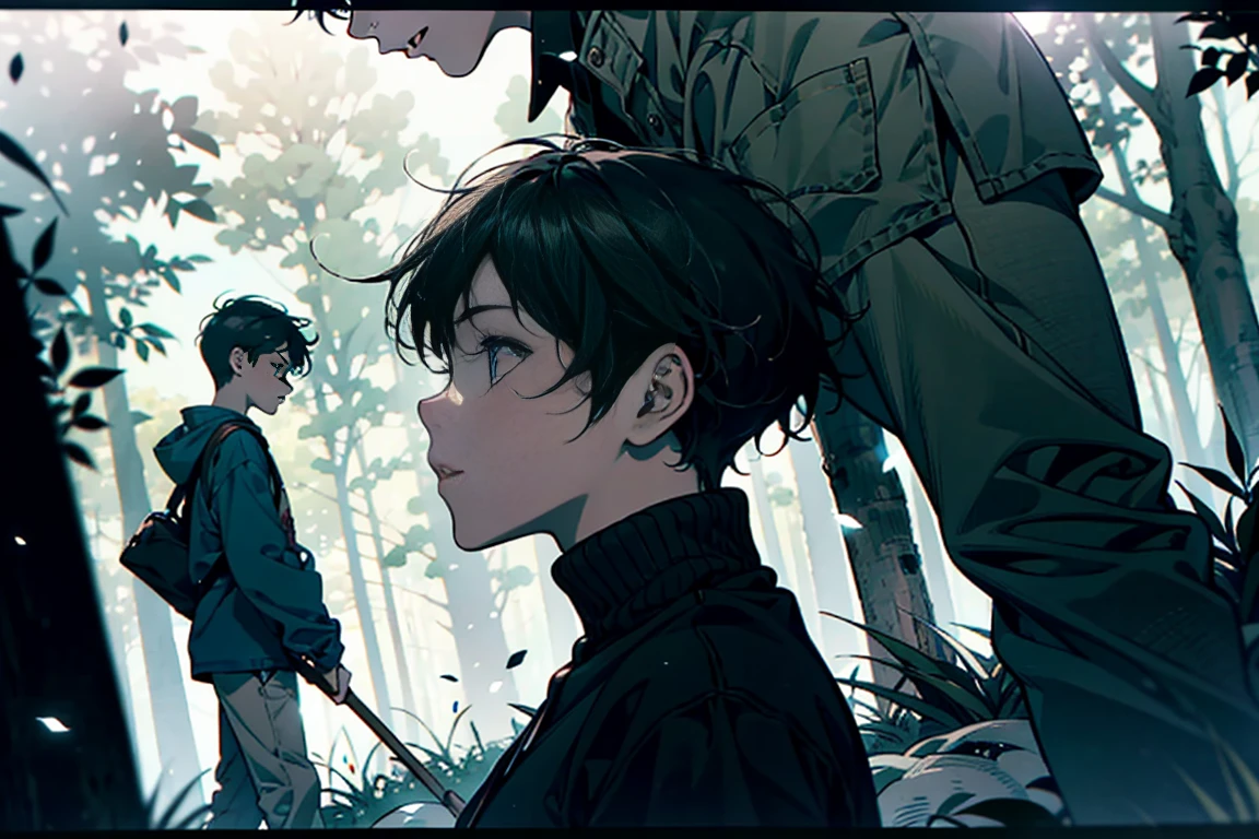 Two-person interaction，Two ，A girl with long hair and a boy with short hair that reaches his ears，Walking hand in hand in the forest，Adventure，Boy holding a wooden stick，Looking up，One after the other，Composition，illustration，Cinematic feeling，The image focuses on the upper body of the person landing on the shore，Two people are about the same height，The head, larger at the bottom and smaller at the top, is above the two people.，Surrounded by branches and trees, cinematic lighting, motion blur, outside border, viewfinder, dutch angle, close-up, from the top, perspective, from side, lens flare, uhd, masterpiece