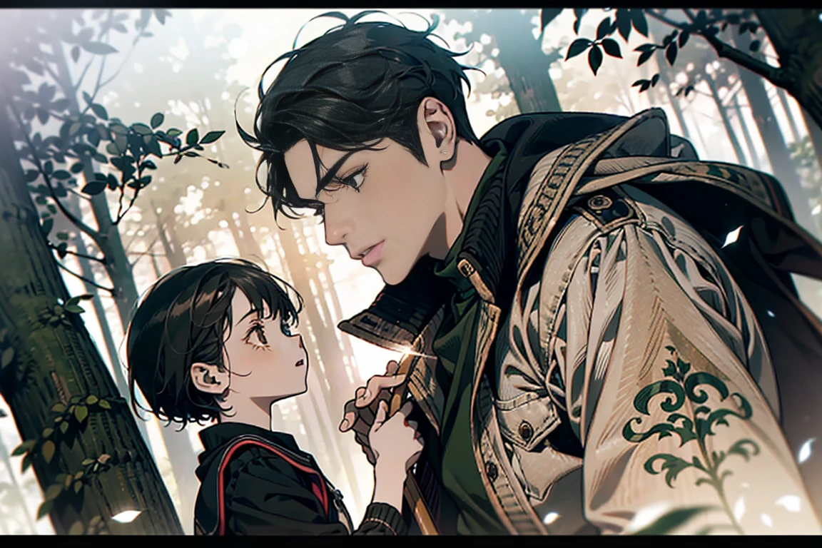 Two-person interaction,Two small children,A girl with long hair and a boy with short hair that reaches his ears,Walking hand in hand in the forest,Adventure,Boy holding a wooden stick,Looking up,One after the other,Composition,illustration,Cinematic feeling,The image focuses on the upper body of the person landing on the shore,Two people are about the same height,The head, larger at the bottom and smaller at the top, is above the two people.,Surrounded by branches and trees, cinematic lighting, motion blur, outside border, viewfinder, dutch angle, close-up, from the top, perspective, from side, lens flare, uhd, masterpiece