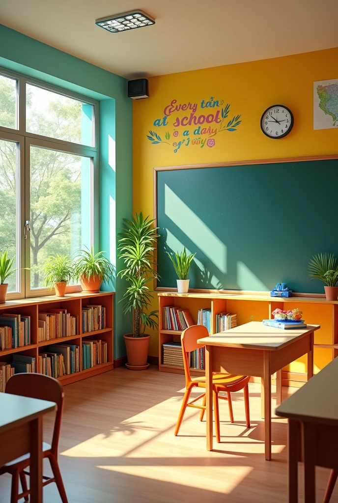 A happy classroom space with the motto that every day at school is a day of joy, there are trees, There are bookcases, clock, study desk, window, hoa , with Vietnam map, Classroom board, learning materials, nature corner