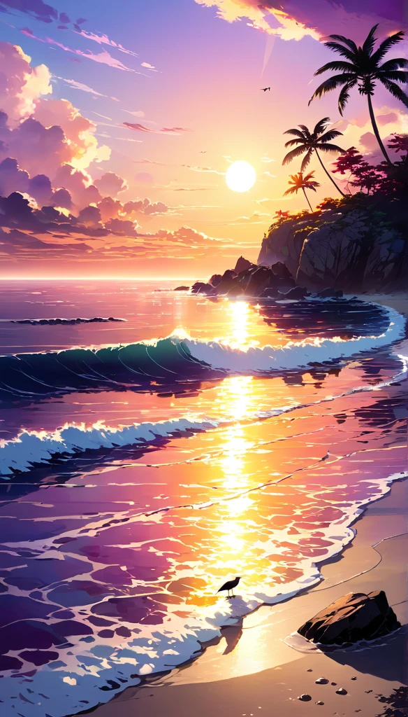 Unmanned Island, ocean, Sunset, sunset, orange, Red, yellow, purple, pink, level, Invalid, cloud, water surface, reflection, Waves, beach, Sandy beach, Palm tree, contour, shadow, rock, 奇rock, bird, Oceanbird, Fly Invalid, Quiet, peaceful, The Sound of Waves, The sound of the wind, nature, Spectacular views, Gorgeous, beautiful, Rehabilitation, venture, expedition, Dream, romantic, Secret Area, Heaven, unmanned, , time, horizon, sun, Light, Shadow Art, Compared, Dramatic, Survive, Unmanned Island生活,beautiful Anime Landscape, landscape painting, Beautiful digital painting, andreas rocha, Beautiful artwork illustration, awesome wallpapers, Raymond Han, tall beautiful painting, Studio Greebly New Ocean Makoto, beautiful wallpaper, Anime Landscape