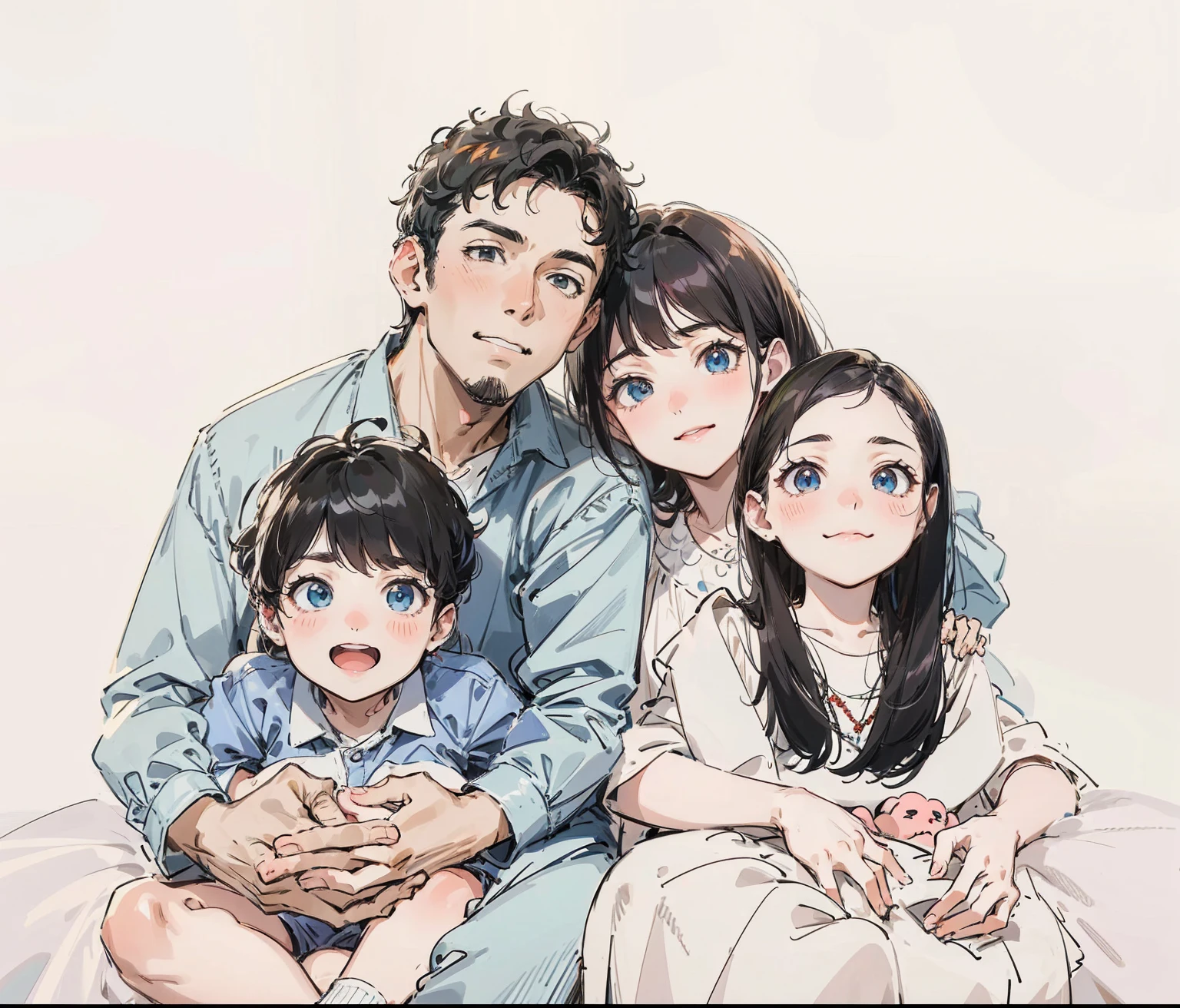 Cute anime family of 4 picture. Dad, white with black hair blue eyes, mom black with dark brown curly hair and red eyes. Elder son shoukd be tan with black hair red eyes. Younger daughter should be tan with black wavy hair and blue eyes.