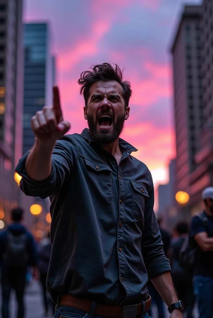Man pointing his finger forward and shouting 