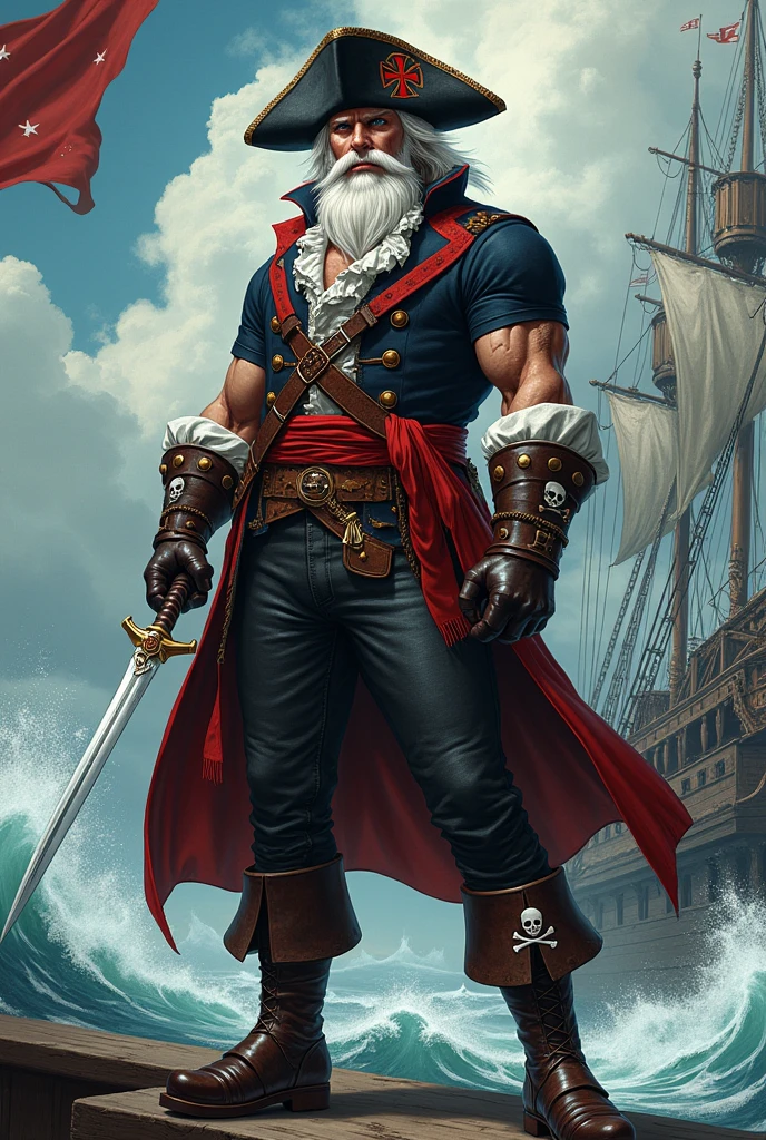 Personnage qui ressemble a un capitaine pirates avec une croix rouge sur sont chapeau de pirates couleur blanc est rouge vif des bottes de pirate avec un symbole d'une croix rouge est blanche avec une barbe blanc sur luis des yeux noir est marron des vêtements de capitaine de pirate avec du rouge avec de l'agenda foncé du blanc oour c'est manche courte un bracelets gris foncé sur sont doit du milieu avec un symbole de crane de mort Est qui a un style de capitaine qui aime l'aventure dans les mer est aussi qu'il a un sabre de pirate avec un symbole de la croix avec du rouge est blanc pour sonr sabre de pirate