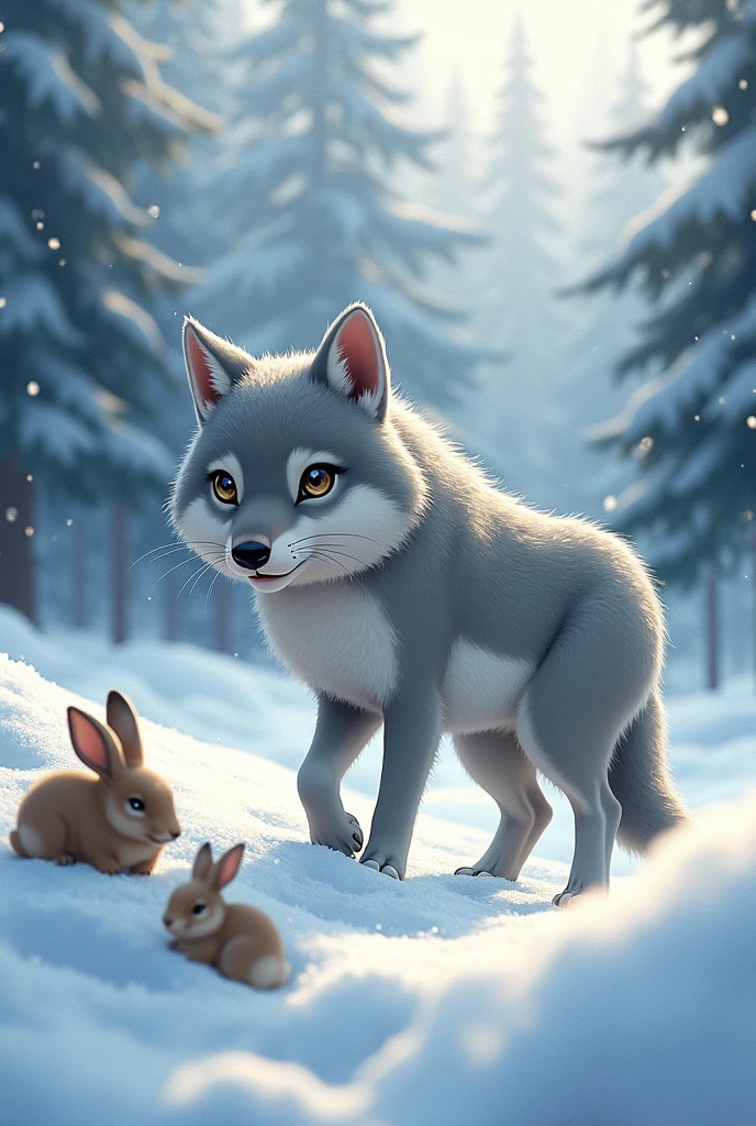 Realistic cute style,A gray wolf stands in the corner of the picture,Expression ready to attack,waiting to catch prey,Hunting rabbits,Snow in the background,