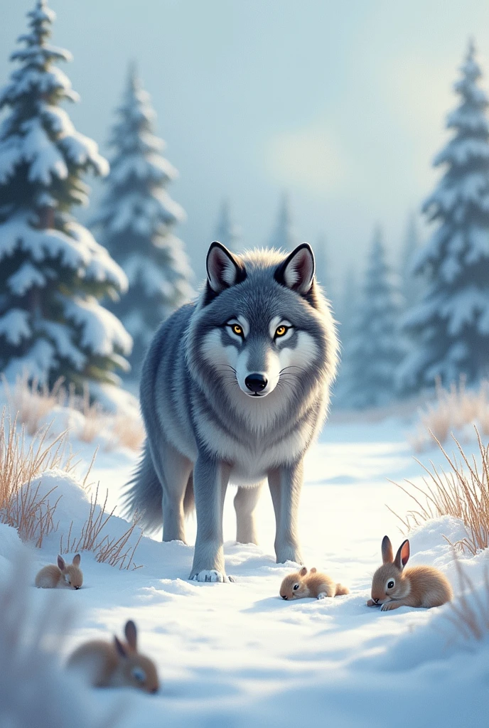 Realistic cute style,A gray wolf stands in the corner of the picture,Expression ready to attack,waiting to catch prey,Hunting rabbits,Snow in the background,