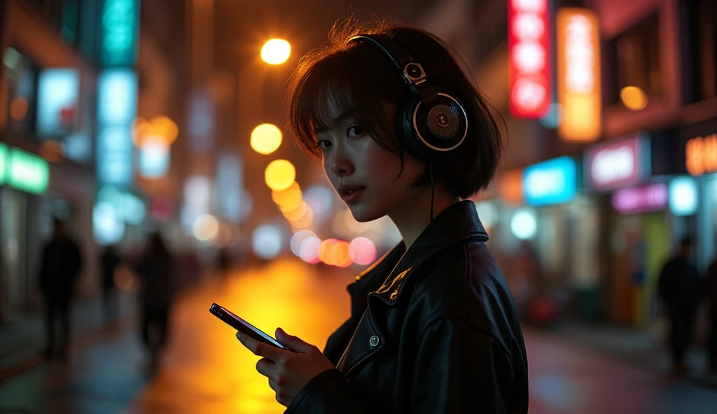 Attractive woman, folding cell phone., Japanese women, short hair,moody night,Shoulder Off,He's wearing a set,Wear headphones,strong sunlight,old hip-hop style,