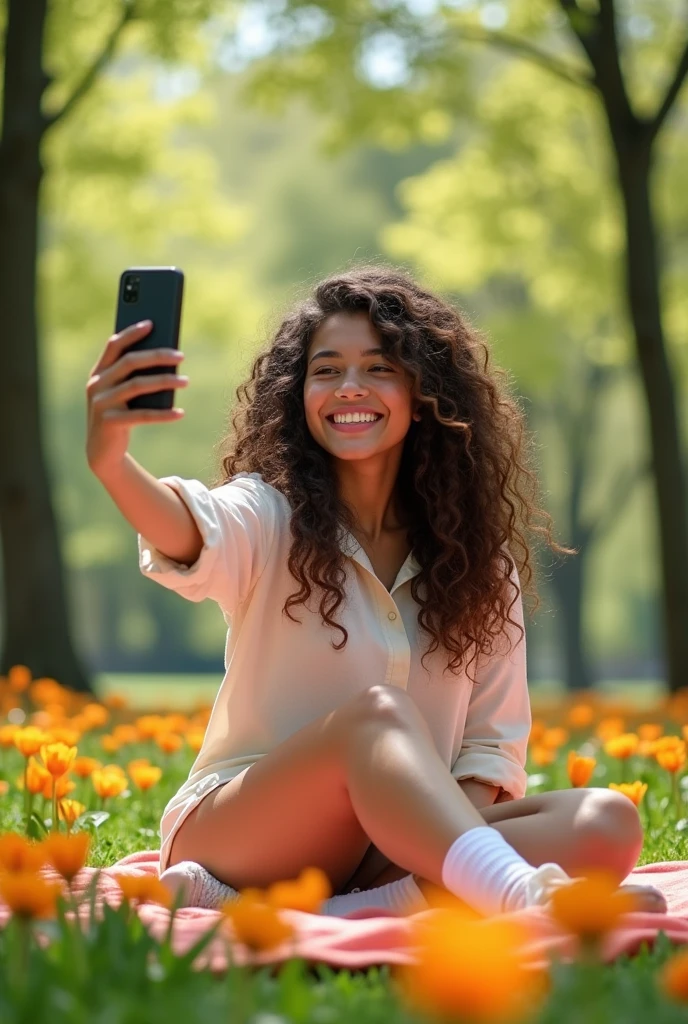 A brunette girl with curly hair and big breasts sits with her legs stretched out, taking a realistic photo