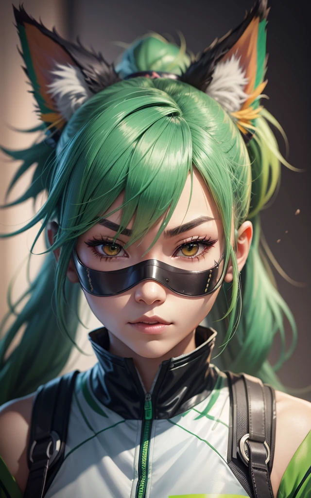 kiriko \(overwatch\), green hair, ponytail, facial mark, fox mask, half mask --auto --s2