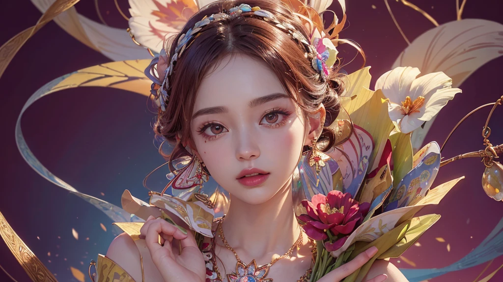 32K, 最高quality, 最高masterpiece, (ultra-Detailed Background, Detailed Background), High resolution, Super detailed, Very detailedな, 1 personの, (bouquet:1.3), (Tangled:1.2), (Geometric:1.2),(colorful),(masterpiece, quality, best quality, Official Art, Beautiful and beautiful:1.2), (1 person:1.3), Very detailed,(colorful:1.1)(Flowers:1.3),Most detailed,(Tangled:1.2), whole body, (Abstract background:1.3), (Skin glows), (Many colors:1.4), ,(Earrings Jewelry:1.5), Pale Red Background, It's imaginative., Milk tea colored hair, Updo,