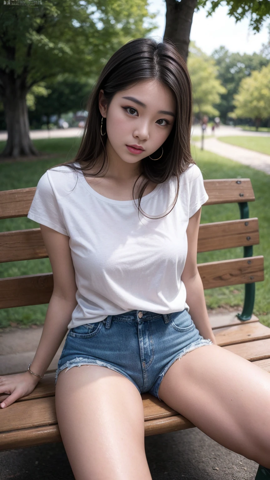 young attractive curvy sexy asian woman, 18 years old, cute angelic western face, black eyes, (panties,Small tight jeans shorts:1.2), flat chested, Light blonde hair, Long Hair, Earrings, (sit on bench in public park), (From head to end of skirt) ,8k, RAW Photos, Highest quality, masterpiece,Highest quality