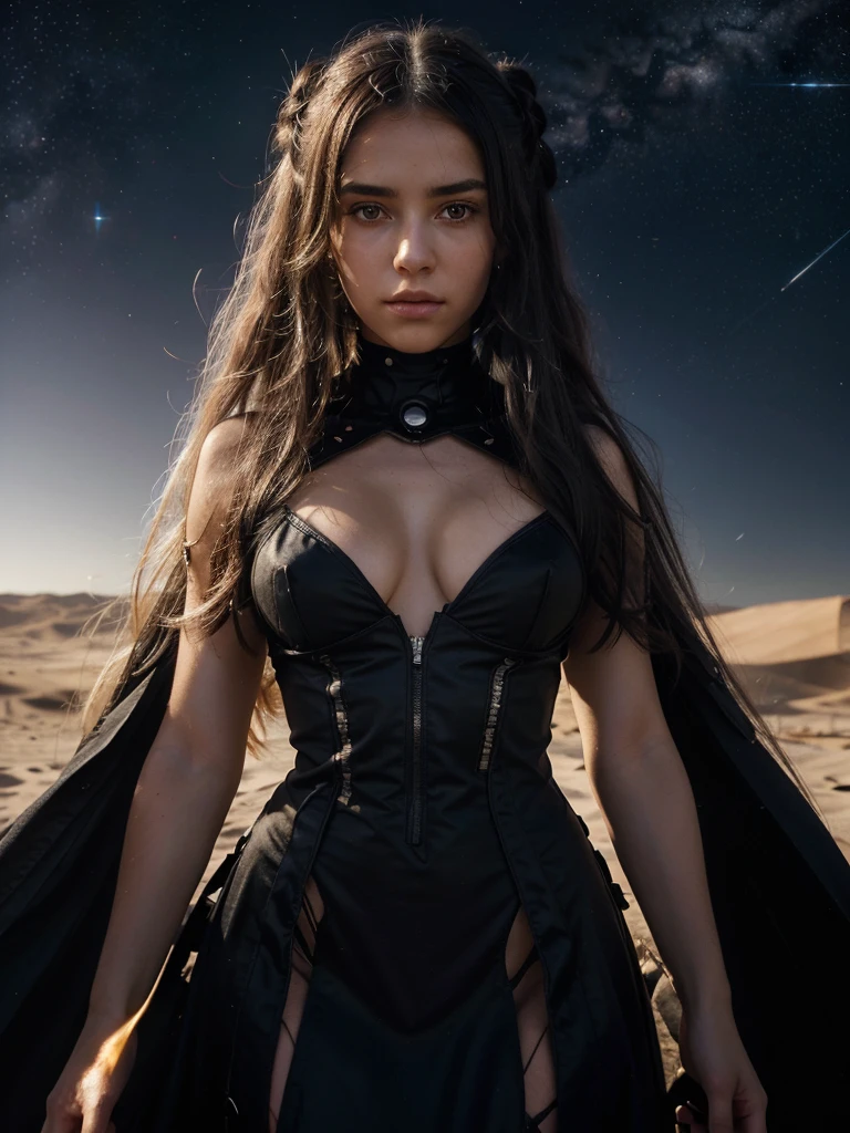 absurdres ,masterpiece, HQ, 4k, HDR, best quality, 1girl at center screen with beautifulface, white_hair. (black costume:1.2),deep dark, bangs, , eyebrows_visible_through_hair, hair_ornament, light_particles, long_hair, looking_at_viewer, medium_breastssurface, solo, space, star_(sky), starry_sky, twintails, very_long_hair, yellow_eyes, transparent, see-through,(Background_Giedi_Prime_Dune:1.0), (innocent face:1.1), beautiful eyes, volumetric lighting, real shadows.