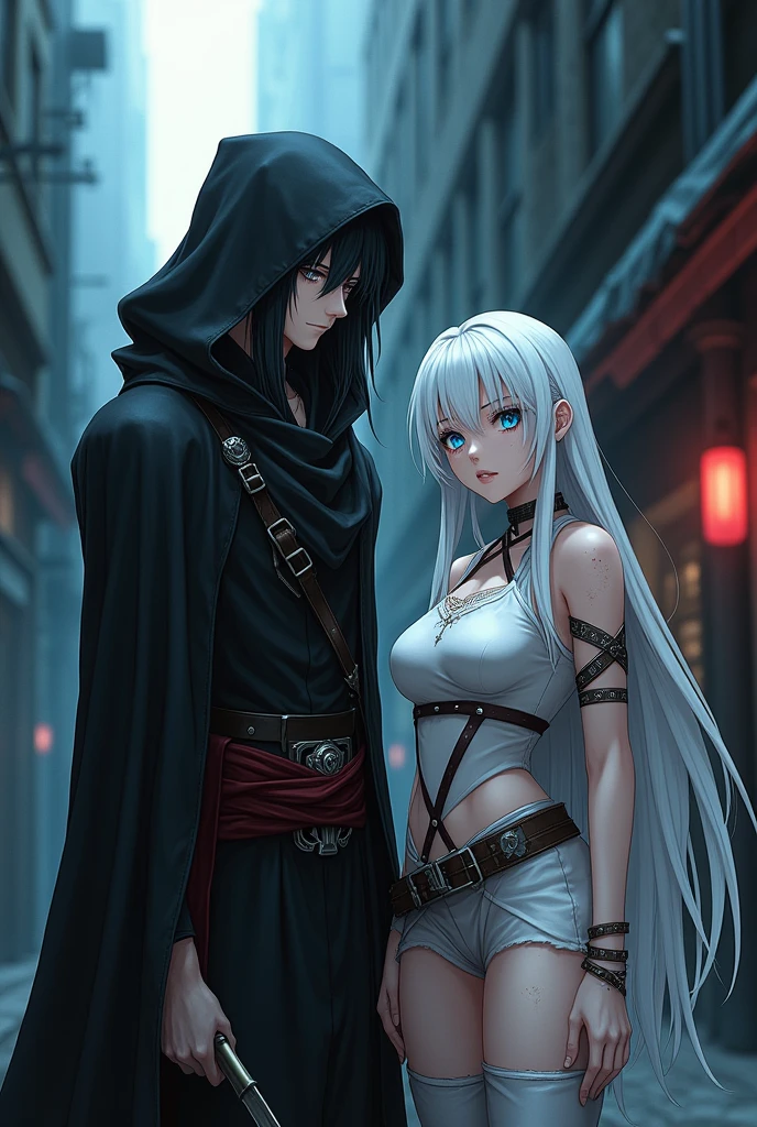 Two Anime characters: A white man, tall and slim. Her eyes are dark and her hair is long and black. He's wearing a black assassin's cloak with tattered edges. A white woman, with clear eyes and blonde hair. She has a strong body and is wearing little armor., but many bandages.