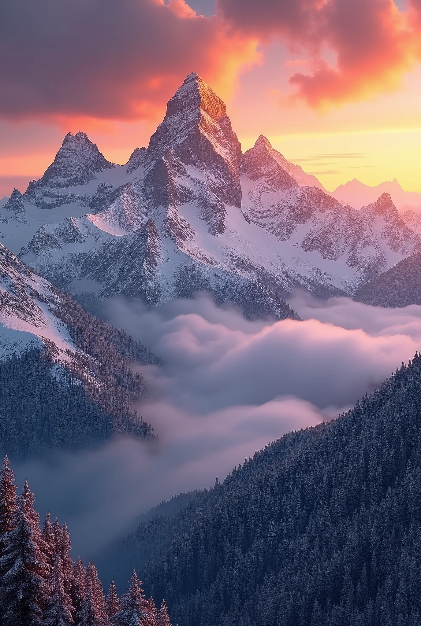 (masterpiece:1.2, Highest quality, Ultra-high resolution, Very detailed, Realistic, RAW Photos:1.2, Elaborate photos), 8k, wallpaper, (Ray Tracing), Alpine landscape, (Majestic snow-capped mountains, Golden sunlight reflecting off the peaks, Warm glow across the horizon), A photo that captures the serene atmosphere of twilight with a mix of vibrant and soft colors in the sky, creating a harmonious balance between the rugged terrain and the delicate play of light.