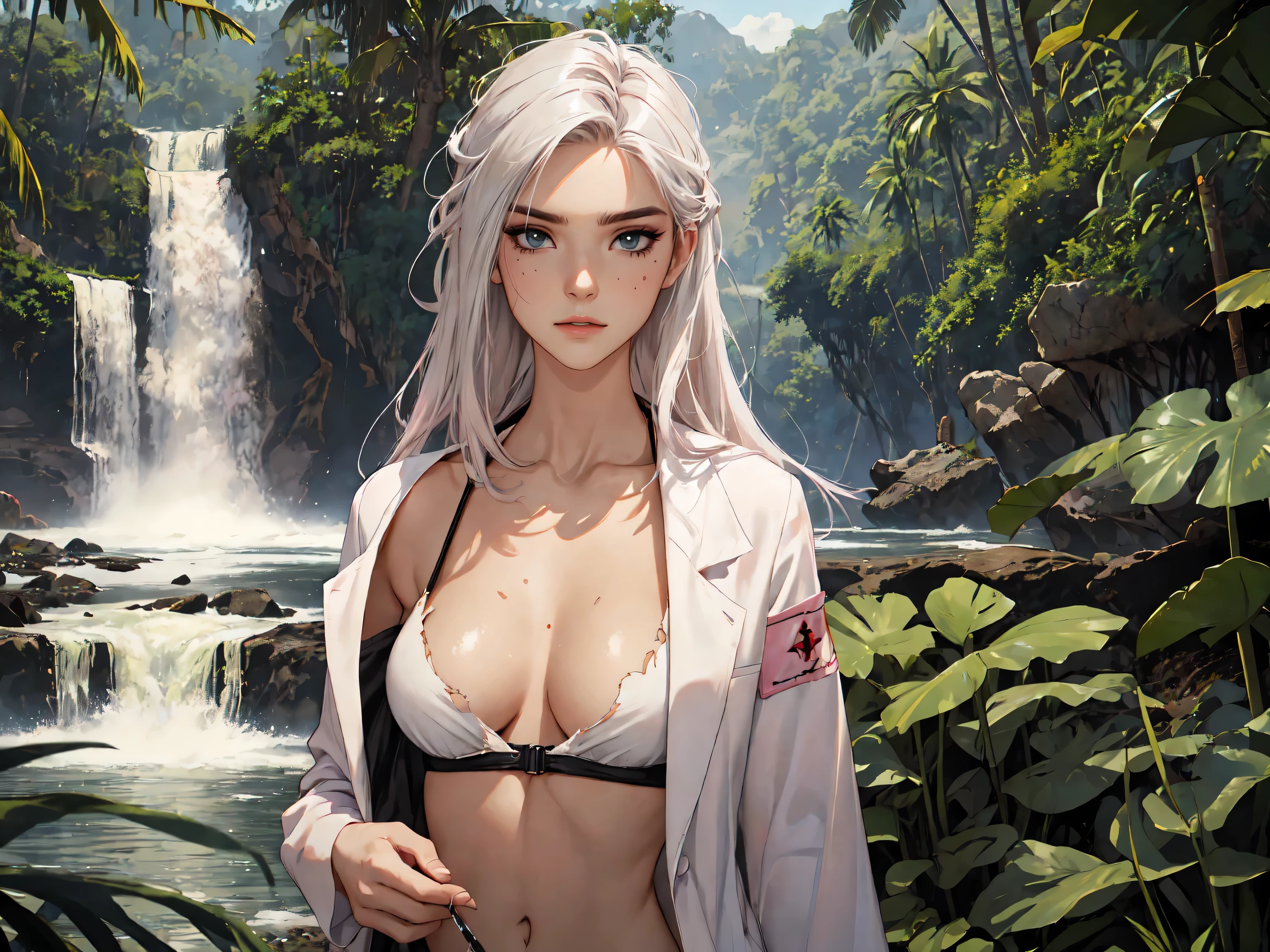(lifelike, high - resolution:1.3), 1 girl with a perfect body,slender body, Super fine face and eyes,assasin, dark makeup, shiny skin,white hair,((torn and ripped jungle clothes underneath lab coat), Expose cleavage, extravagant makeup, pink eyeshadow, dark makeup shocked expression, shiny skin, action pose, extravagant makeup, leopard print, lab coat, savage lands, feral lands, (waterfall, soaked), grey blue eyes, (disheveled hair)