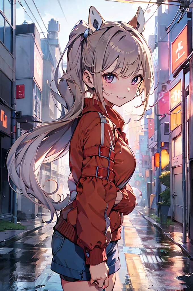 masterpiece, best quality, ultra detailed, insanely detailed, hyper detailed, woman, smiling, walking, looking at viewer, brown eyes, jitome, detailed face, light brown skin, tall, slender, sweater, shorts, teenager, japanese, outside, on the street, with shooting stars, in the evening, with rain, cel anime, sharpen, blue, ahoge, semi long, blue eyes, green background, medium shot, intense wide shot, glad, with fox ears, mole, blond
