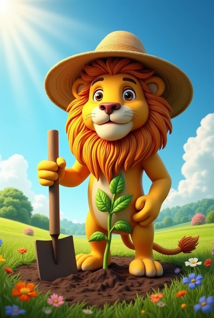 Le dessin d'un lion avec un chapeau de paysant  qui plante un arbre avec une pele en main