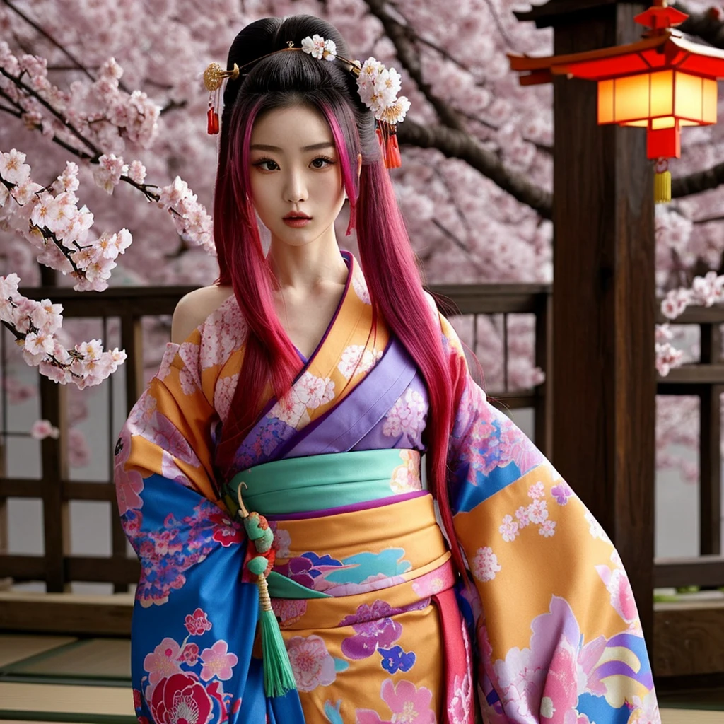 A vibrant and modern depiction of a geisha with a cyberpunk twist, standing amidst cherry blossoms. She has long, flowing hair dyed in multiple bright colors, including shades of red, pink, and blue, with some flowers delicately woven into her hair. Her eyes are golden and piercing, contrasting with her striking yellow and orange makeup. She is heavily tattooed, with intricate patterns covering her neck and parts of her face, giving her a unique and edgy appearance. Her attire is a traditional kimono with ornate designs, blending traditional Japanese elements with a futuristic flair. The scene around her is softly lit, with a blurred background of a pagoda and more cherry blossoms, adding to the serene yet dynamic atmosphere. The overall vibe should be a mix of traditional Japanese aesthetics with modern, edgy cyberpunk elements, creating a powerful and mesmerizing character.