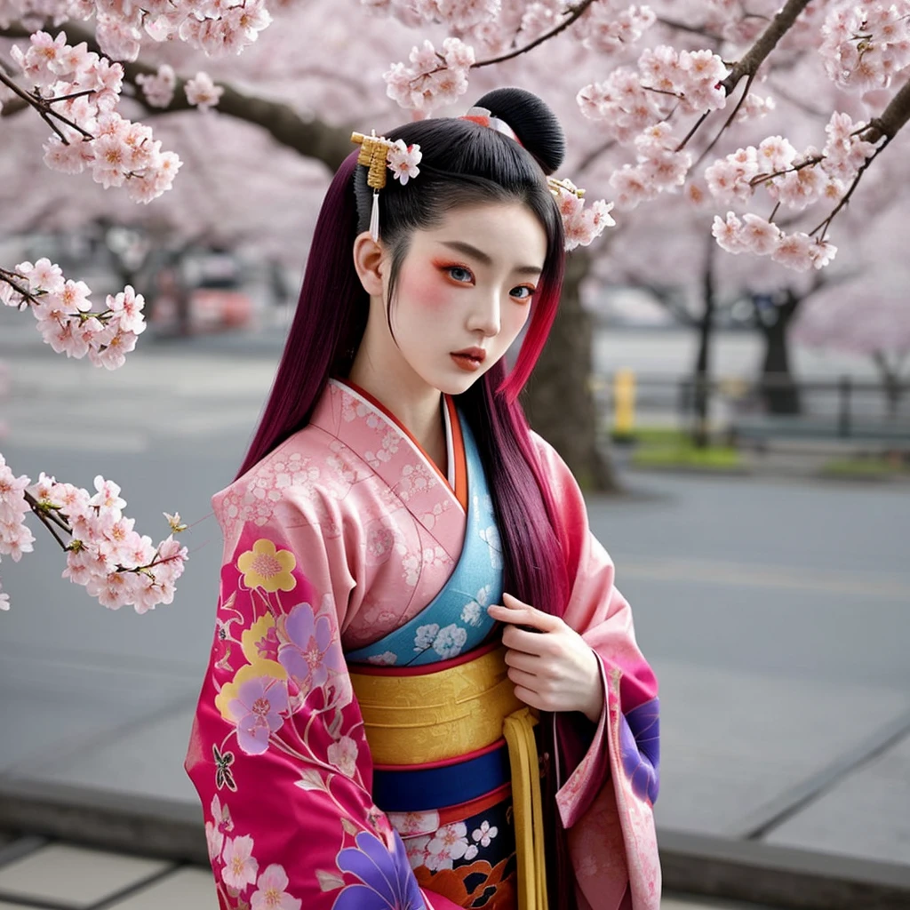 A vibrant and modern depiction of a geisha with a cyberpunk twist, standing amidst cherry blossoms. She has long, flowing hair dyed in multiple bright colors, including shades of red, pink, and blue, with some flowers delicately woven into her hair. Her eyes are golden and piercing, contrasting with her striking yellow and orange makeup. She is heavily tattooed, with intricate patterns covering her neck and parts of her face, giving her a unique and edgy appearance. Her attire is a traditional kimono with ornate designs, blending traditional Japanese elements with a futuristic flair. The scene around her is softly lit, with a blurred background of a pagoda and more cherry blossoms, adding to the serene yet dynamic atmosphere. The overall vibe should be a mix of traditional Japanese aesthetics with modern, edgy cyberpunk elements, creating a powerful and mesmerizing character.