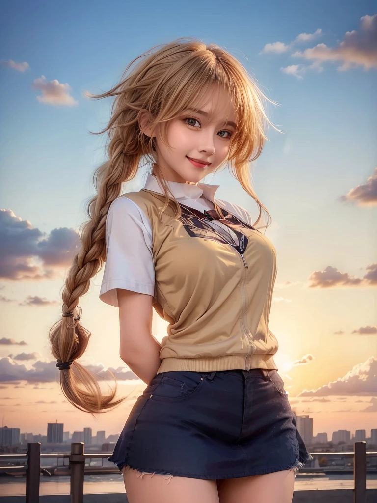 yellow jacket, white shirt, Masterpiece, best quality, CG, wallpaper, HDR, high quality, high-definition, extremely detailed, looking at viewer, smile, cute girl, ultra realistic, ultra detail, 70 mm lens