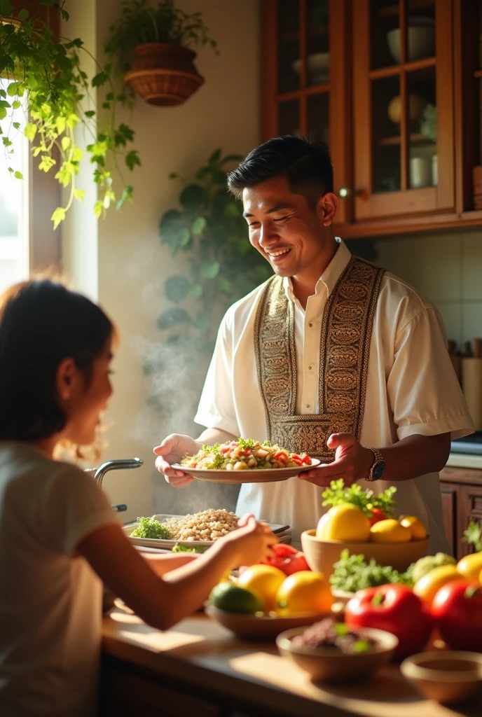 Man with barong giving a family Healty food