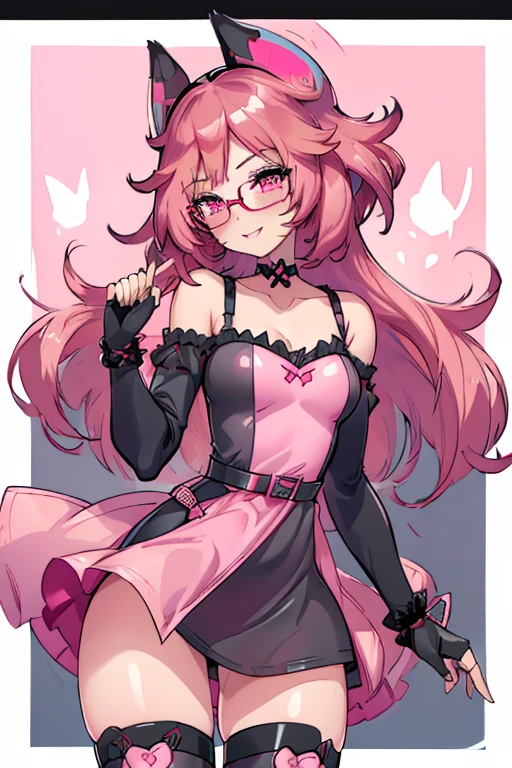 female, pink short messy hair, red eyes, black cat ears, pink cat tail, (((1girl))), (((black and pink minidress))), (pink belt), (black fingerless gloves), (black thigh high boots), (rose tinted glasses), cute and sexy, full body, modest breasts, long legs, smiling