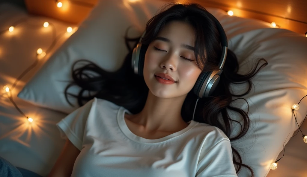 Beautiful dark-haired Asian, Inexplicable beauty, Beautiful Eyes, Beautiful Lips, And beautiful long black hair, The ends are slightly wavy, White T-shirt, Lying in bed with headphones on, listening to music while falling asleep