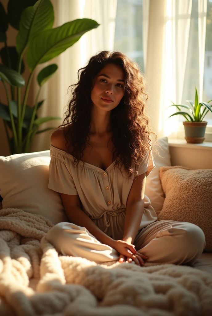 (photorealism:1.2), beautiful woman, sitting on bed, wearing loose off-shoulder top, pajama pants, long curly hair, indoors, soft lighting, plants in background, window with sunlight, cozy room, relaxed pose, realistic, intricate details, warm colors, by Greg Rutkowski, by Alphonse Mucha
