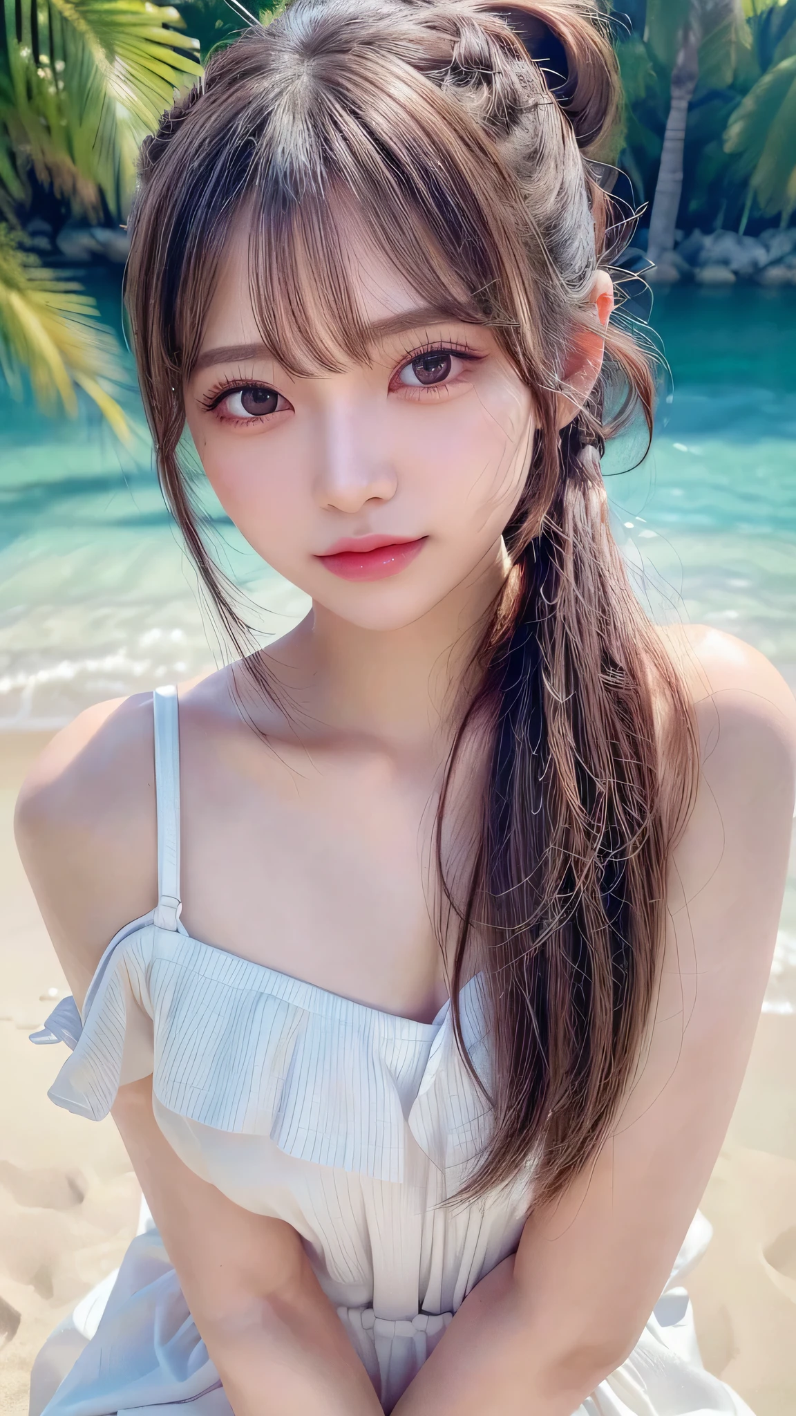 body shot,Outdoor,White micro bikini,resort Beach,Ultra-detailed, finely detail, hight resolution, 8K Wallpaper, Perfect dynamic composition, Beautiful detailed eyes,,Close-up of face,,Blushing,Facing forward,Long hair ponytail,((8k, Raw photo, Best Quality, Mastepiece:1.2), (Realism, Photorealistic:1.4), (Highly detailed 8K wallpapers), Depth of written boundary, Cinematic Lighting, Soft Light, Detailed Beauty Eye,Shiny and smooth light brown ponytail, Asymmetrical bangs, Shiny skin, Ultra-detailed skins ,It is high resolution., High detail, Detailed hairstyle, Detailed facial beauty, Hyper-realistic, Perfect limbs, Perfect Anatomy ,Of Japanese,Famous Japanese Idols, Perfect female body,A shy smile,Short eyelashes,Double-edged eyelids,Look straight here,Hair style: ponytail,